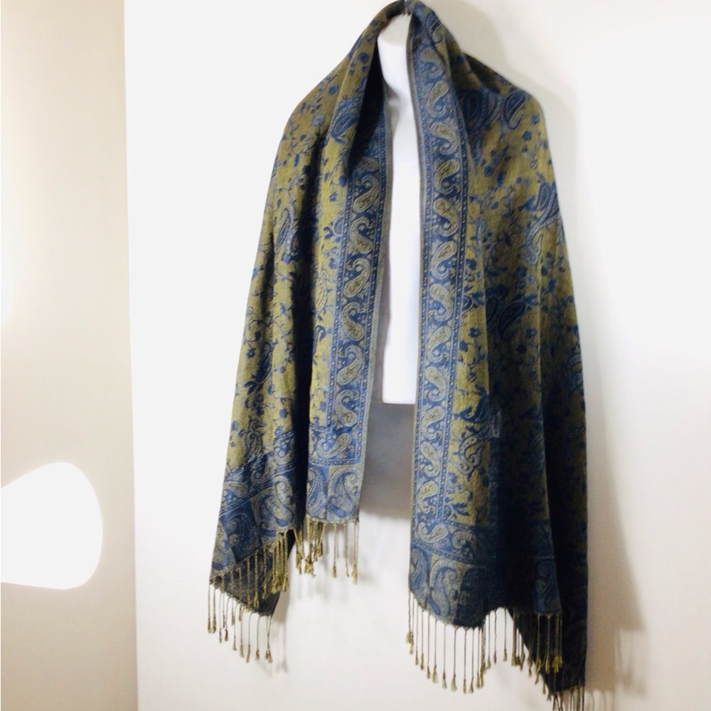 pashmina Olive Green and Navy Blue Paisley Fringe Wrap